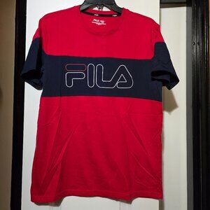 Fila Men's Bold Red & Navy Blue Colorblock Short Sleeve Tee - Size Medium